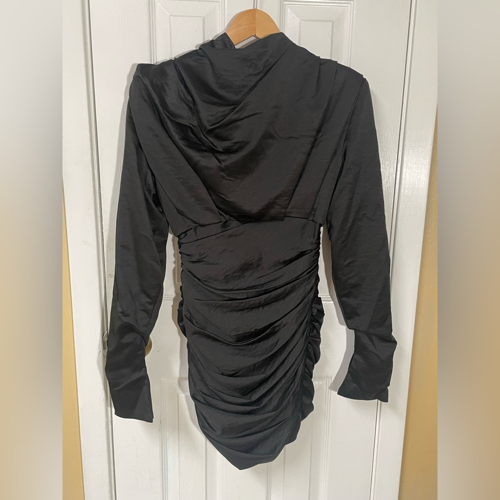 House of CB London Dress Small Giorgiana Ruched Long Sleeve Satin Black Party - Picture 2 of 8
